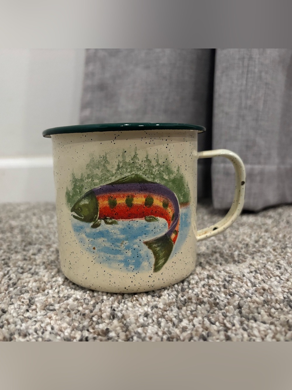 Vintage 2003 Enesco Enamel Camping Mug Country Trout Fishing Grandpa Core